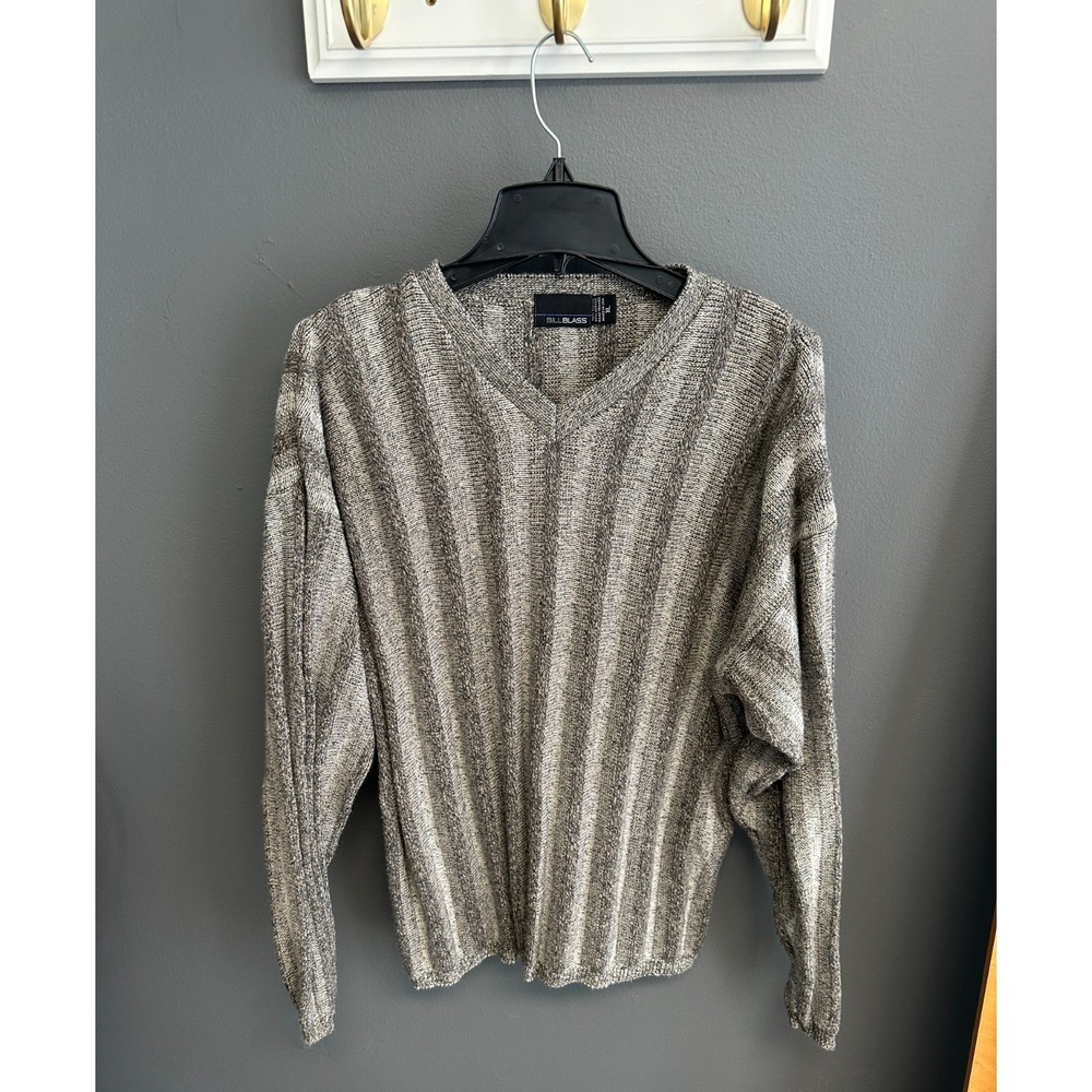 Vintage Bill Blass Sweater Mens XL Gray Striped USA 90s Fisherman‎ VNeck Grandpa